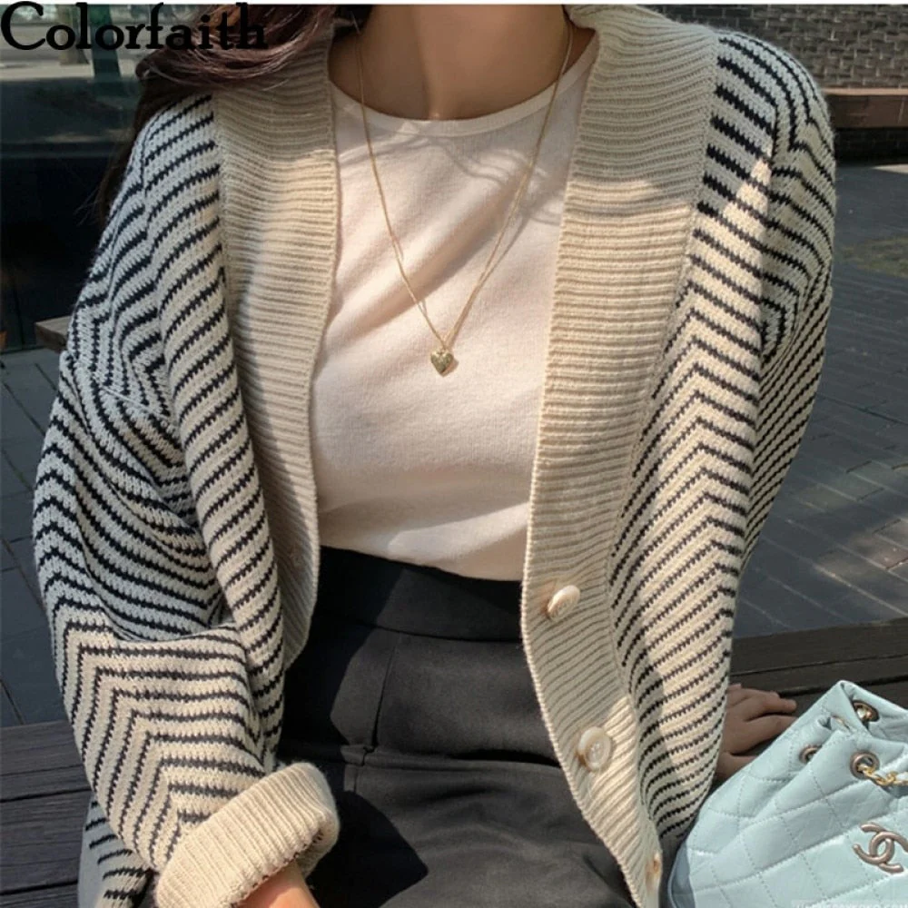 Christmas Gift Deanwangkt Women's Knitwear Winter Spring Striped V-Neck Cardigans Buttons Oversize Korean Style Lady Sweaters Tops SWC3033 - Deanwangkt