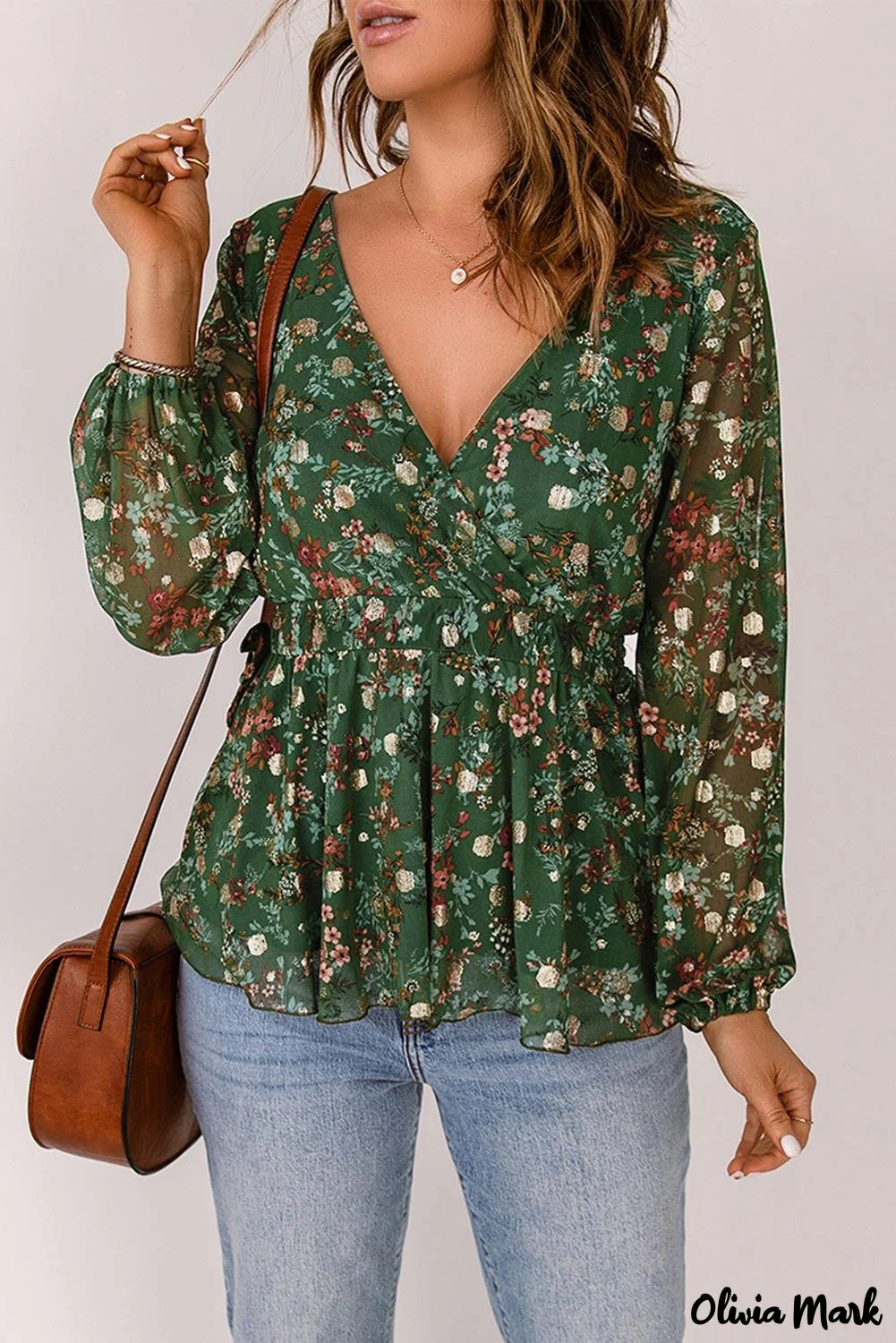 Deanwangkt - Green Floral Print Wrap V-Neck Peplum Top - Deanwangkt