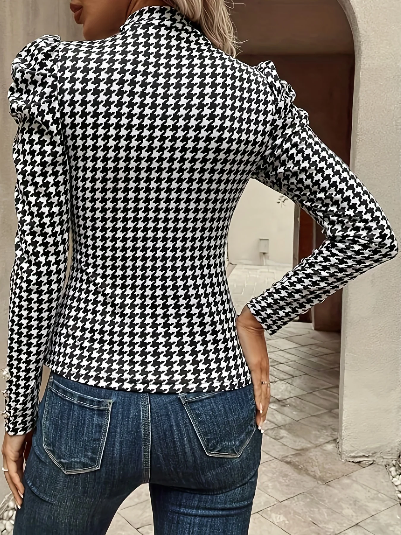Houndstooth Print Blouse, Casual Mock Neck Slim Long Sleeve Blouse, Women's Clothing - Deanwangkt