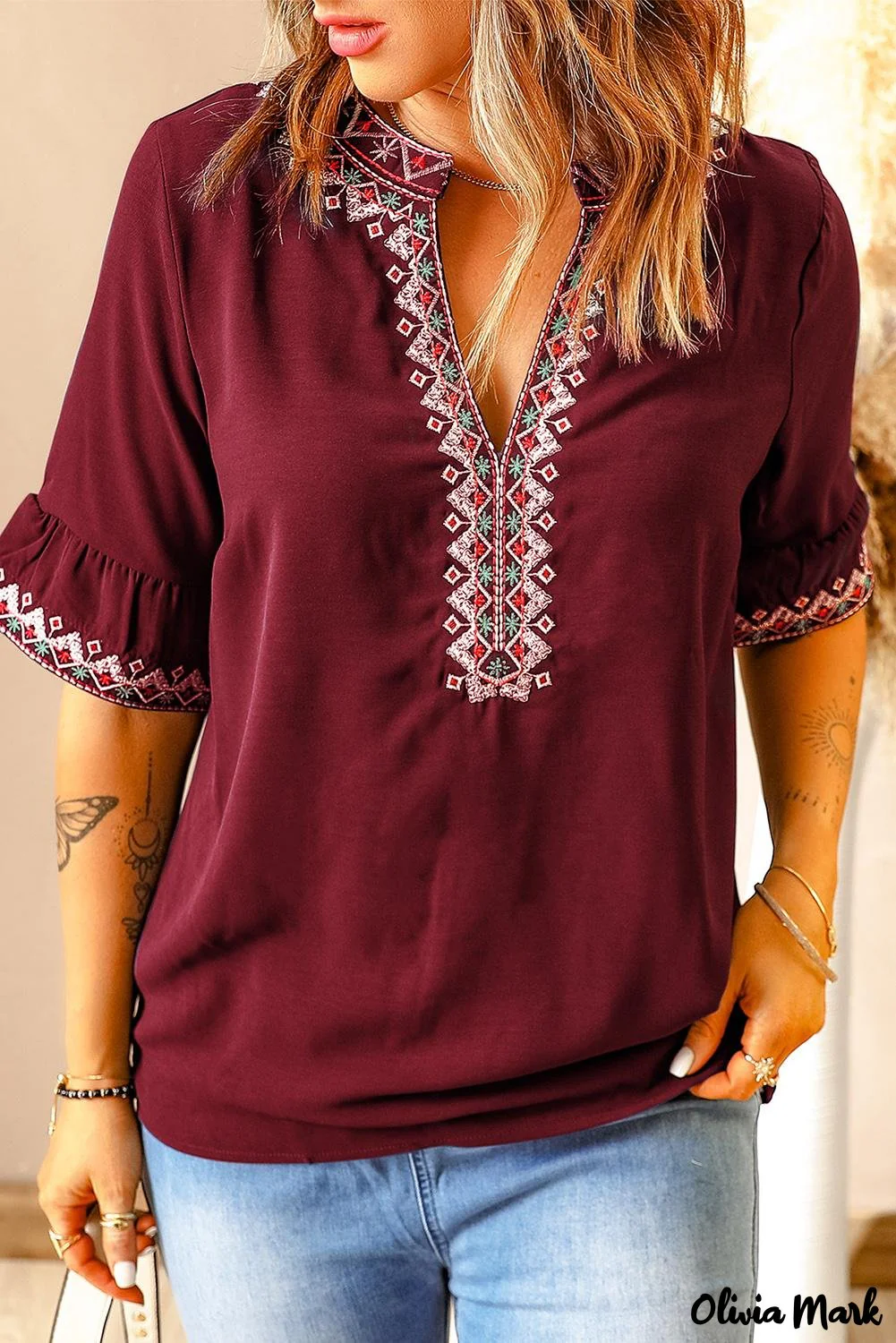 Deanwangkt - Green Bohemian Floral V-Neck Casual Blouse - Deanwangkt