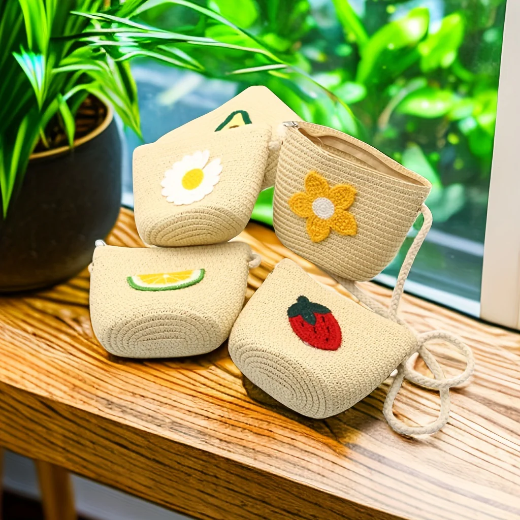 Flower & Fruits Pattern Woven Shoulder Bag, Minimalist Small Straw Crossbody Bag, Bohemian Summer Bag - Deanwangkt