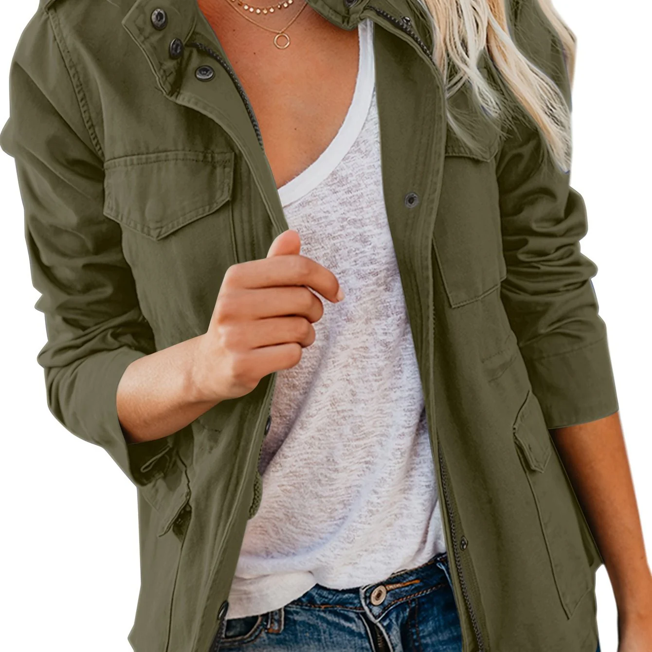 deanwangkt-1 Solid Stand Collar Long Sleeve Pockets Jacket, Winter Warm Zipper Button Casual Outerwear, Women's Clothing - Deanwangkt