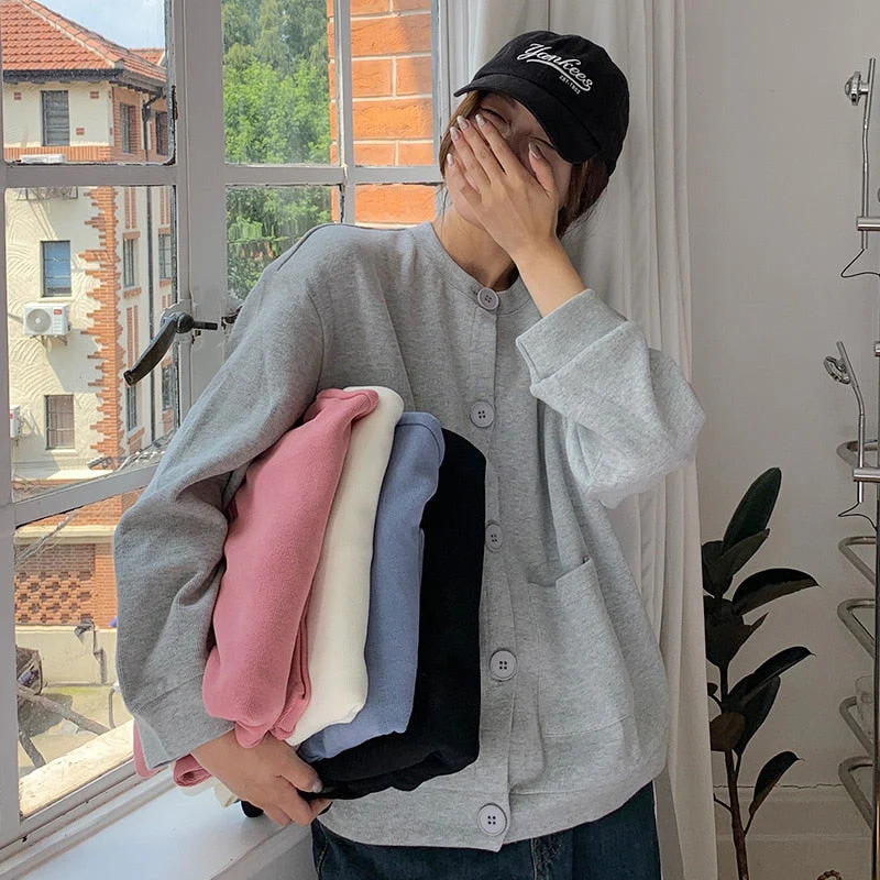 Black Friday Sales Retro Sweater Women's Solid Color Round Neck Sweater Loose Button Cardigan Autumn And Winter Street All-Match Casual Jacket - Deanwangkt