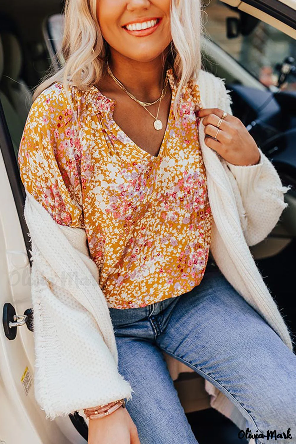 Deanwangkt - Yellow Floral Split V-Neck Blouse - Deanwangkt