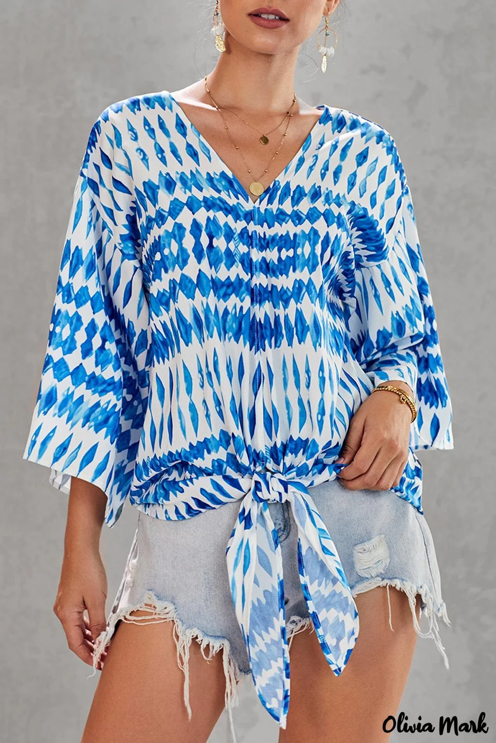 Deanwangkt - Multicolor Floral Print Deep V-Neck Tie Front Blouse - Deanwangkt