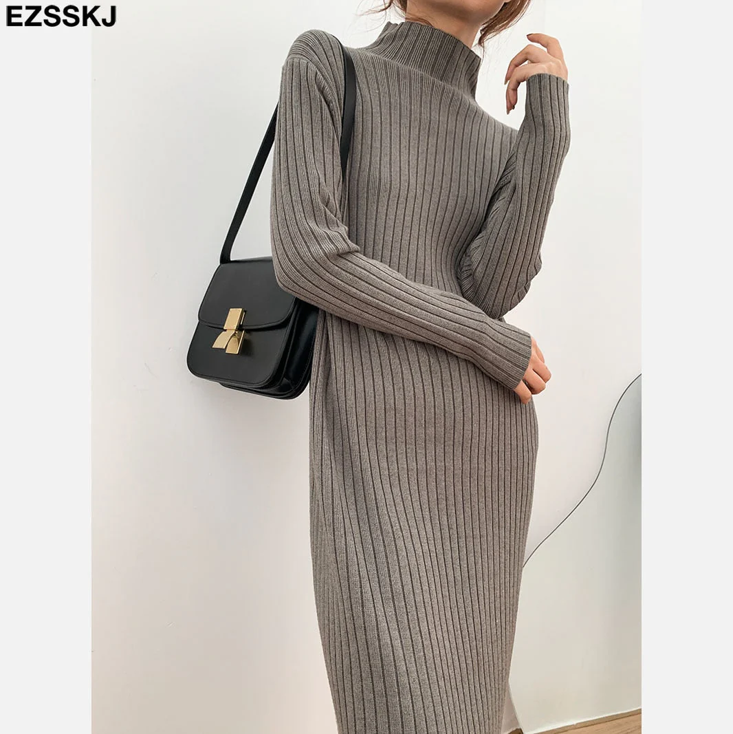Christmas Gift Deanwangkt autumn winter thick straight maxi sweater dress women high neck long sweater dress elegant female loose  sexy knit dress - Deanwangkt