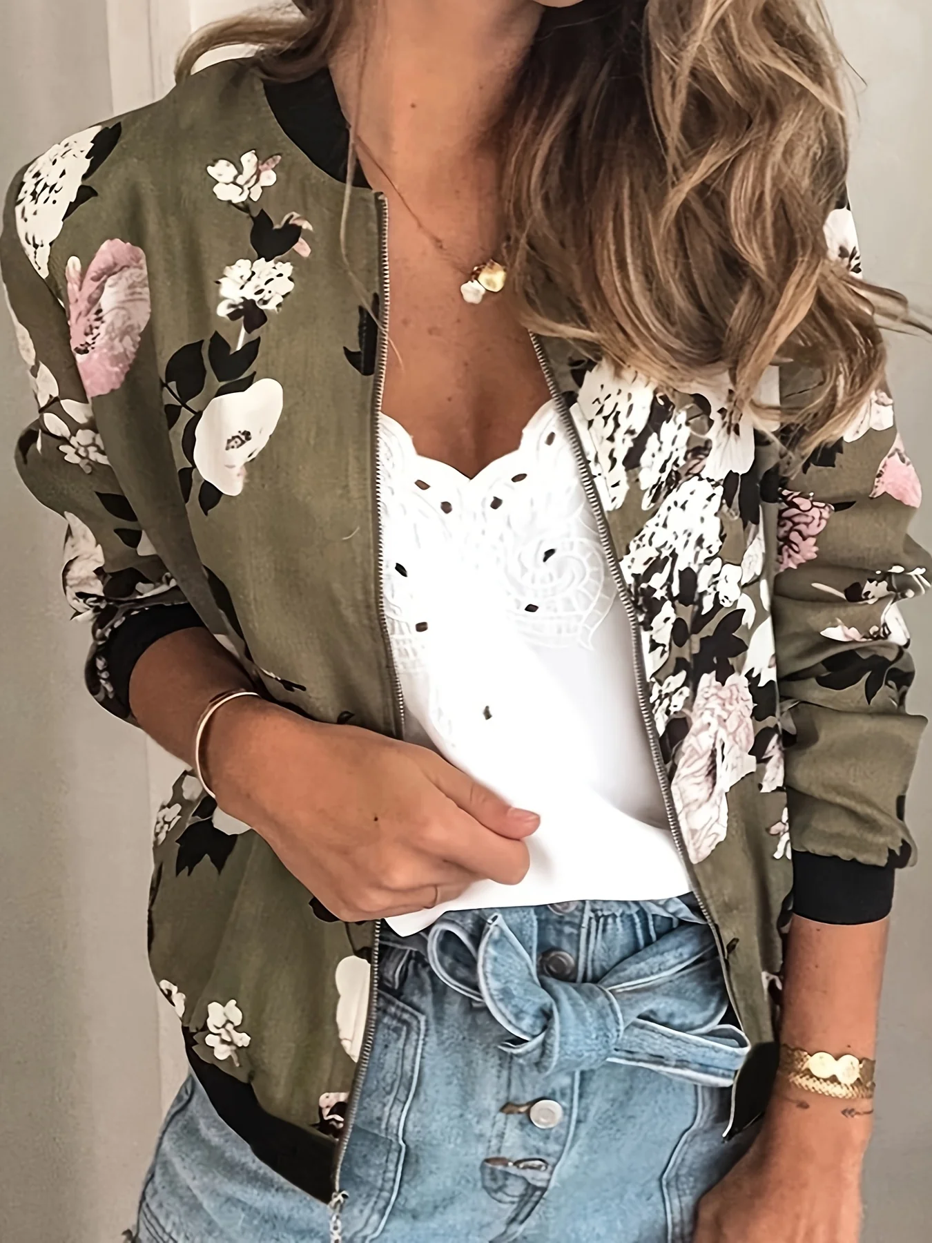 deanwangkt-1  Floral Print Zip Up Jacket, Casual Long Sleeve Jacket For Spring & Fall, Women's Clothing - Deanwangkt