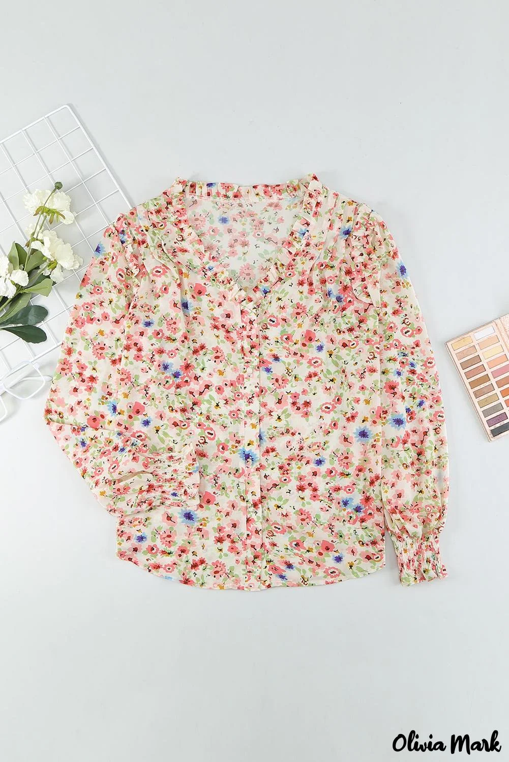 Deanwangkt - Floral Print V-Neck Long Sleeve Shirt - Deanwangkt