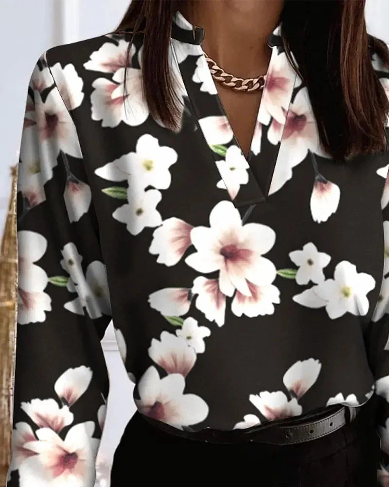 Deanwangkt - Relaxed Floral Print V-Neck Long Sleeve Top - Deanwangkt
