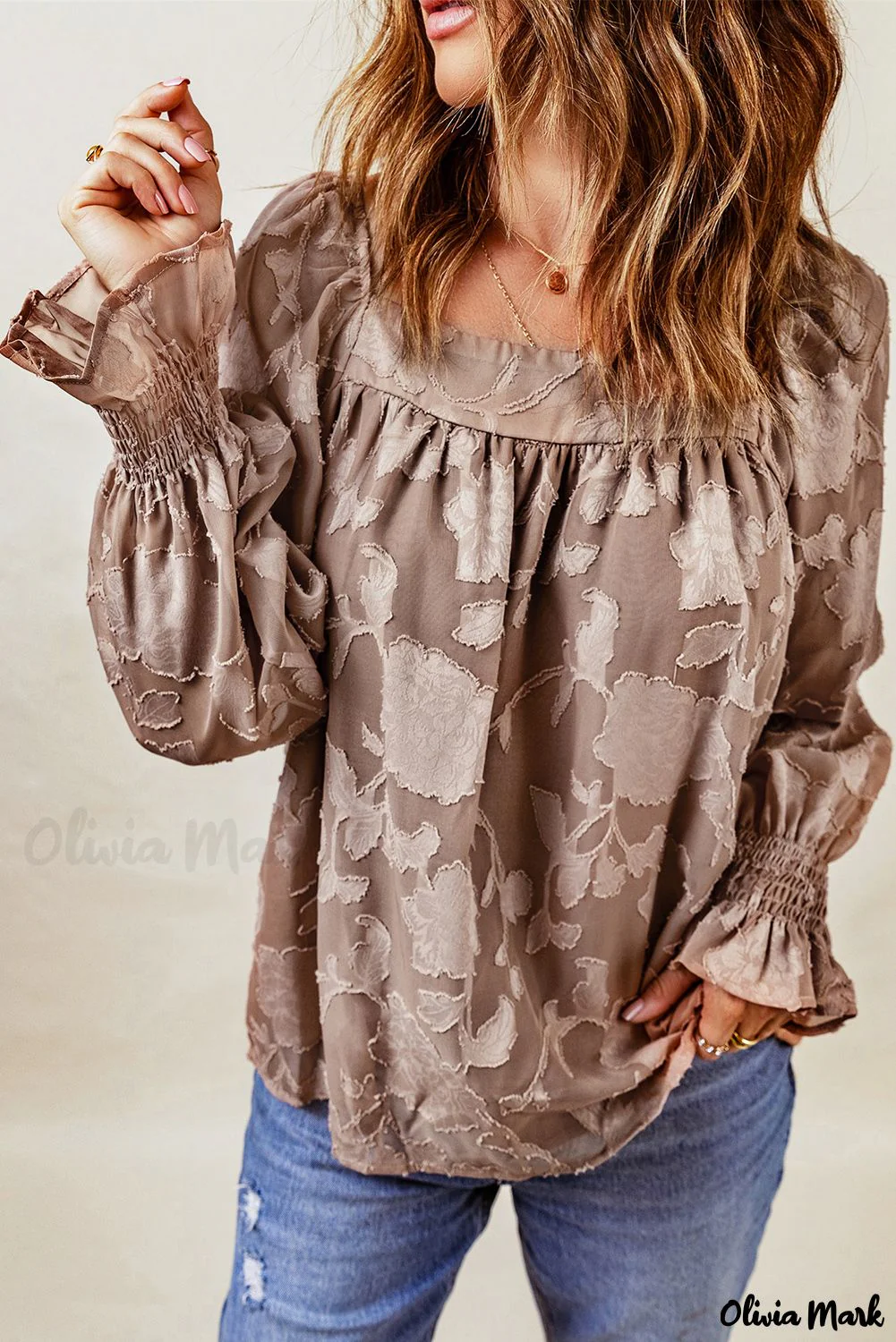 Deanwangkt - Khaki Floral Textured Square Neck Blouse - Deanwangkt