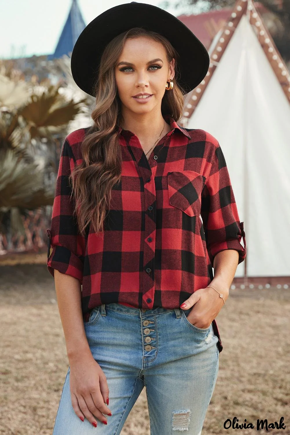 Deanwangkt - Red Buffalo Plaid Blouse with Button Pocket - Deanwangkt