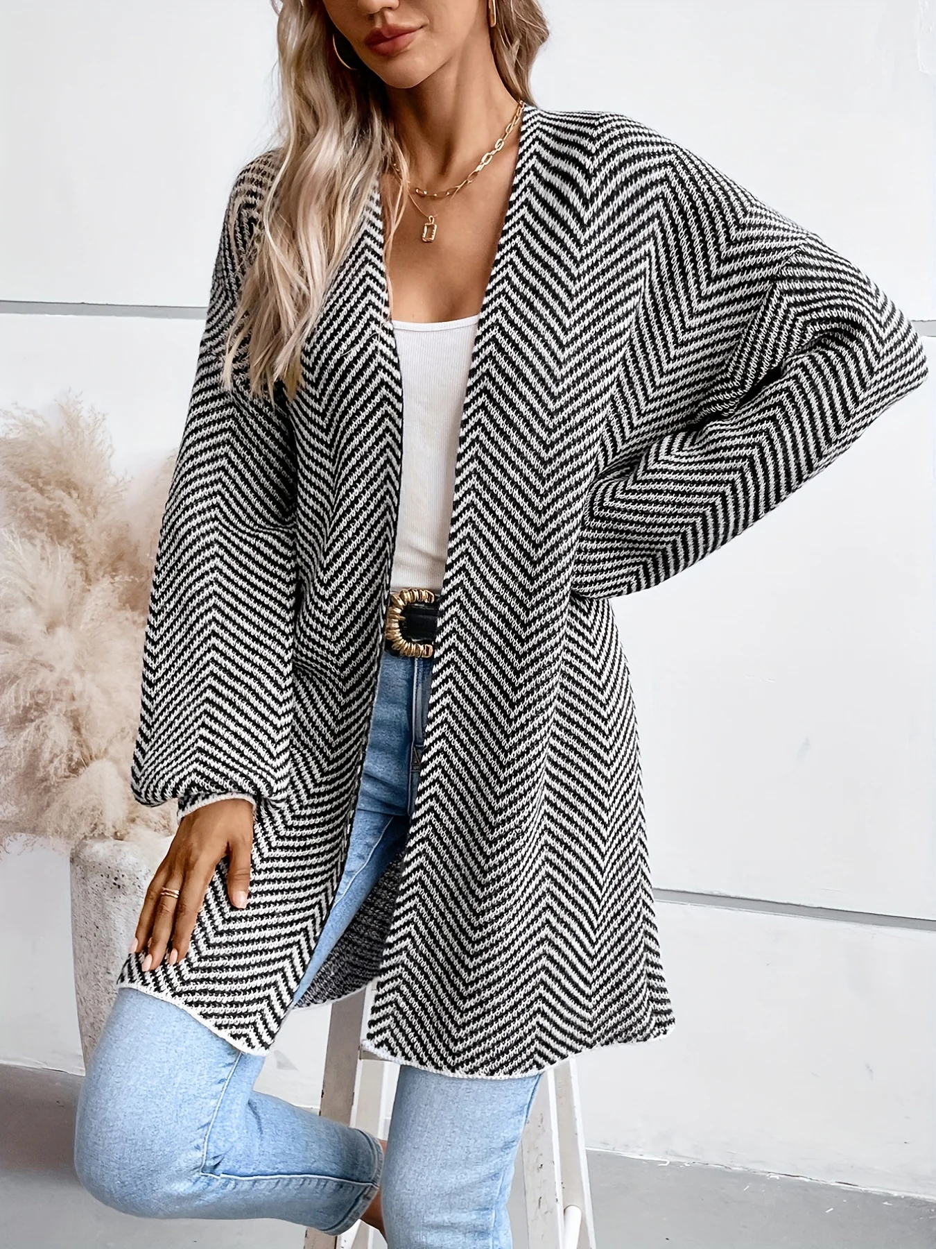 Striped Open Front Cardigan, Casual Lantern Sleeve Cardigan For Fall & Winter, Women's Clothing - Deanwangkt