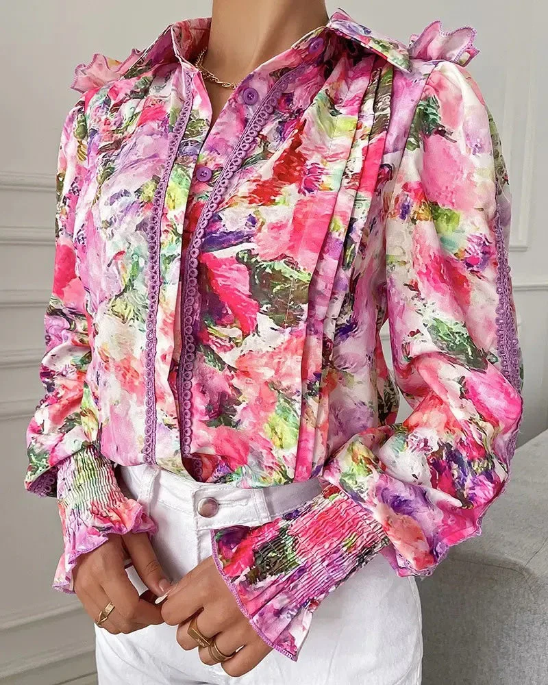 Deanwangkt - Contrast lace floral print top with lantern sleeves and ruffled hem - Deanwangkt