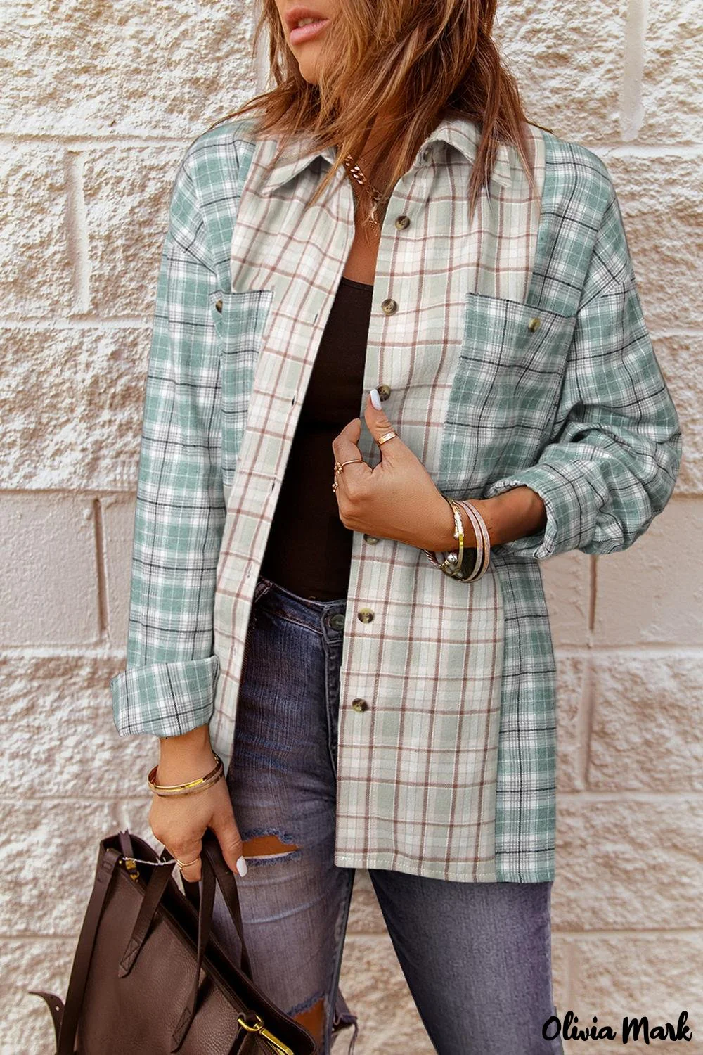 Deanwangkt - Pink Plaid Button Down Long Sleeve Shirt With Color Block Pocket - Deanwangkt