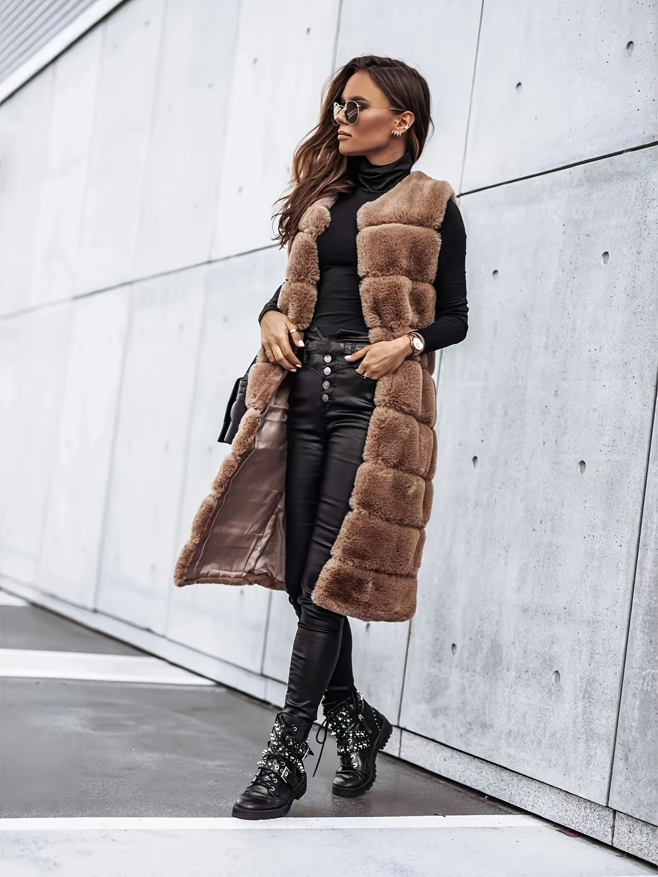 Fuzzy Long Length Warm Vest, Casual Open Front Sleeveless Winter Vest, Women's Clothing - Deanwangkt