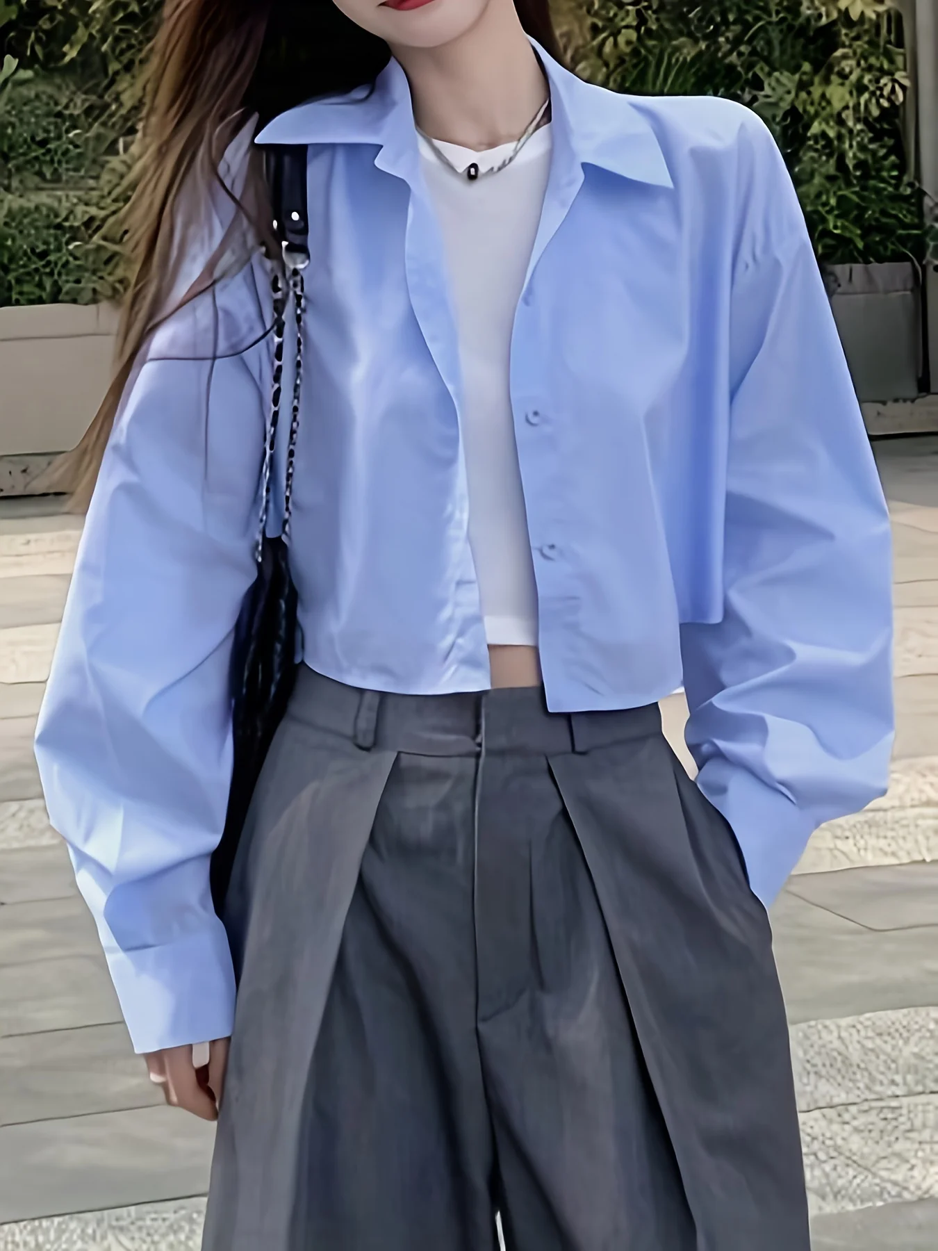 Solid Polo Collar Button Crop Shirt, Casual Long Sleeve Shirt For Spring & Fall, Women's Clothing - Deanwangkt