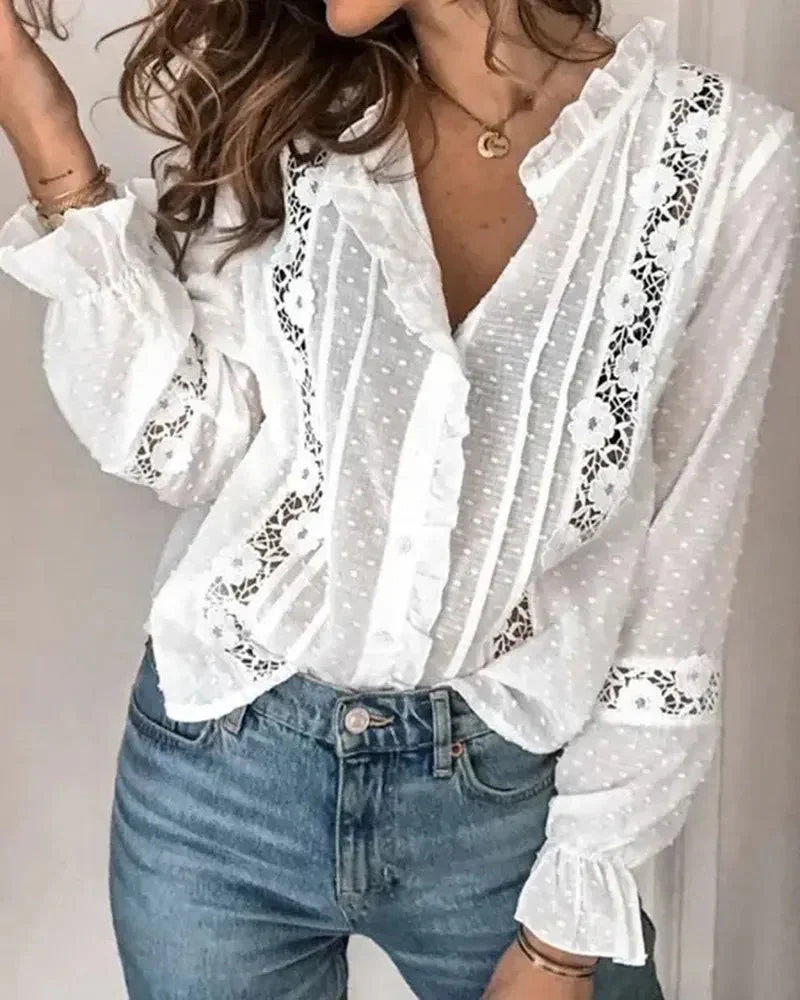 Deanwangkt - Polka Dot Floral Lace Ruffle Hem Top - Deanwangkt
