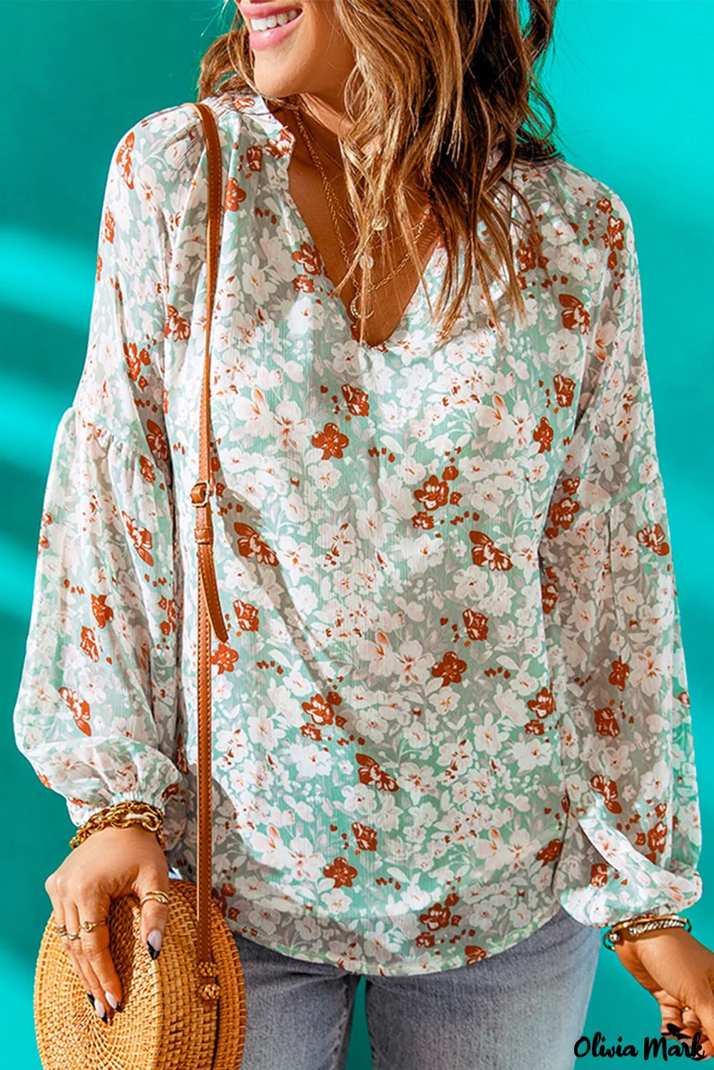 Deanwangkt - Blue Floral Split V-Neck Blouse - Deanwangkt