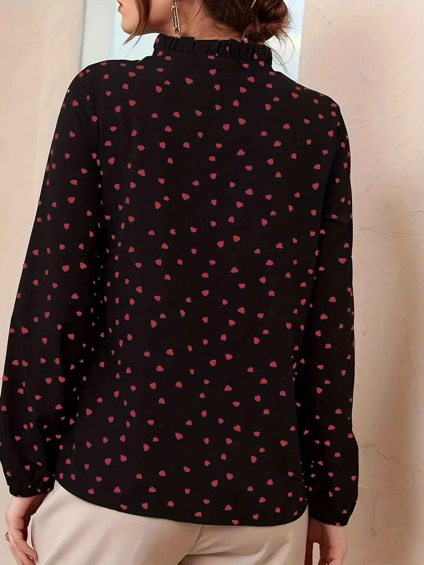 Confetti Heart Print Blouse, Elegant Tie Front Long Sleeve Blouse, Women's Clothing - Deanwangkt
