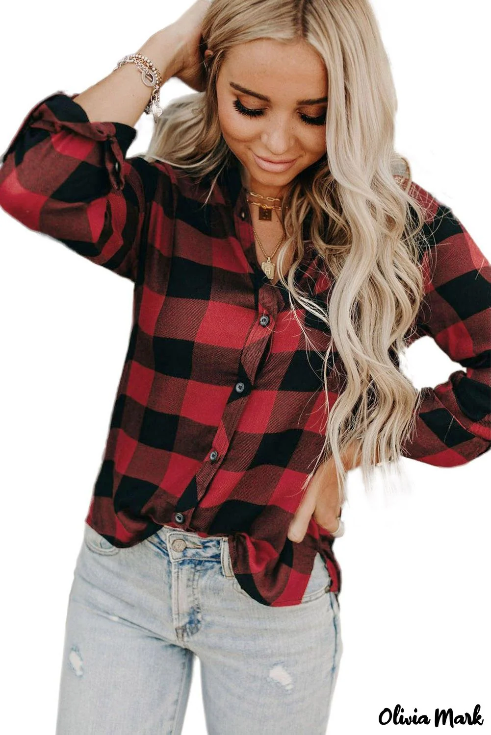 Deanwangkt - Red Buffalo Plaid Blouse with Button Pocket - Deanwangkt