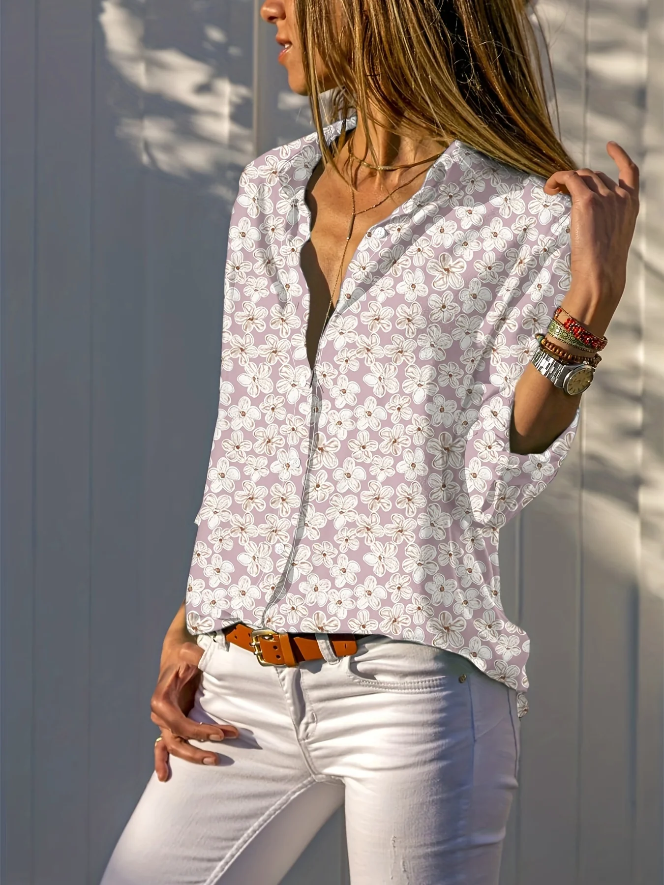 Floral Print Button Front Shirt, Casual Long Sleeve Shirt For Spring & Fall, Women's Clothing - Deanwangkt