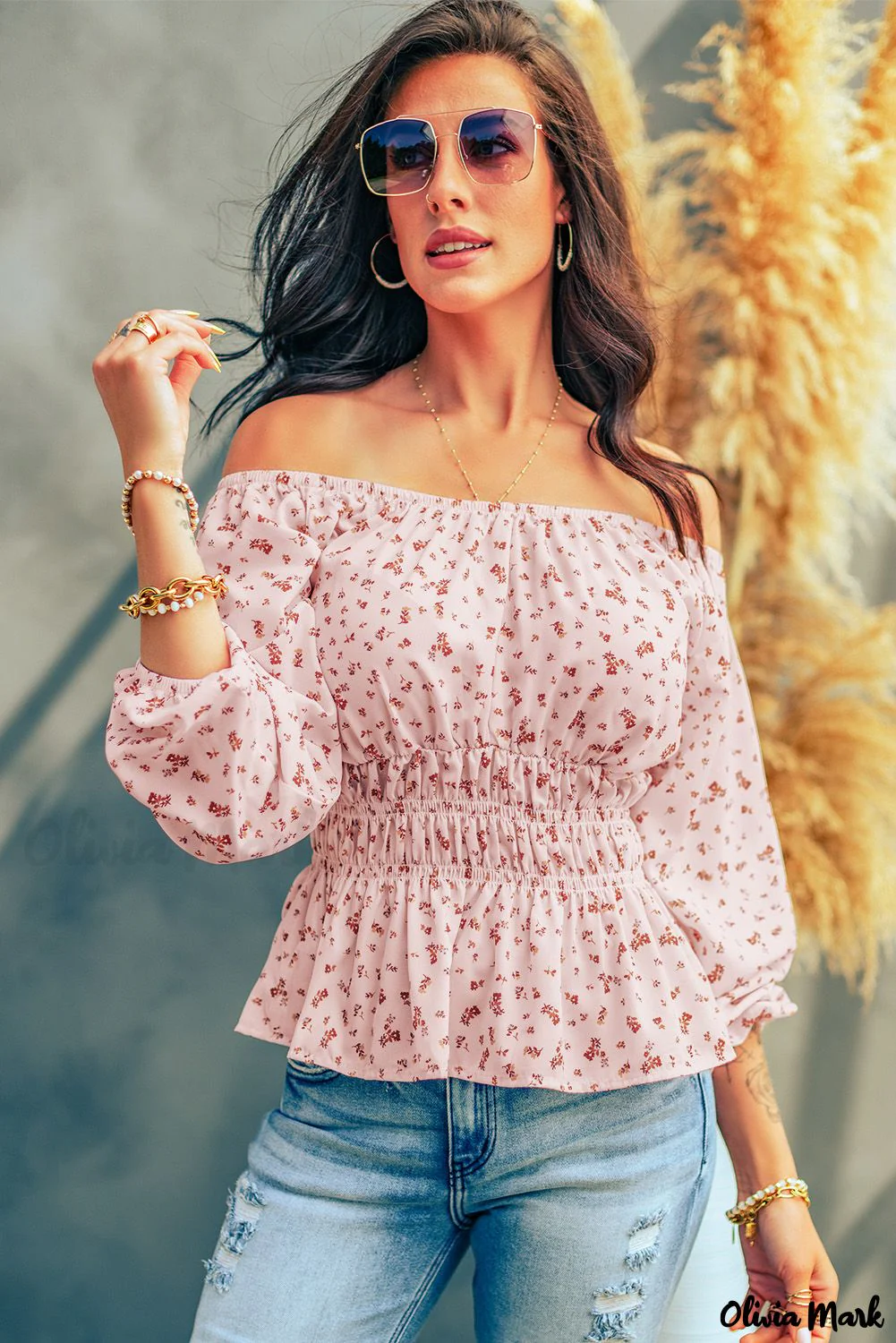 Deanwangkt - Pink blouse with peplum and smocked waist with flowers and bare shoulders - Deanwangkt