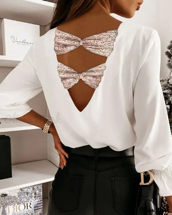 Deanwangkt - Long sleeve V-back top with bow tie and contrasting sequins - Deanwangkt