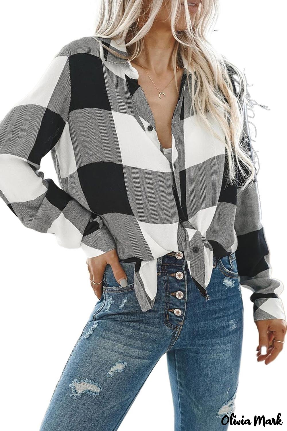 Deanwangkt - Black Plaid Turndown Collar Button Down Blouse with High/Low Hem - Deanwangkt