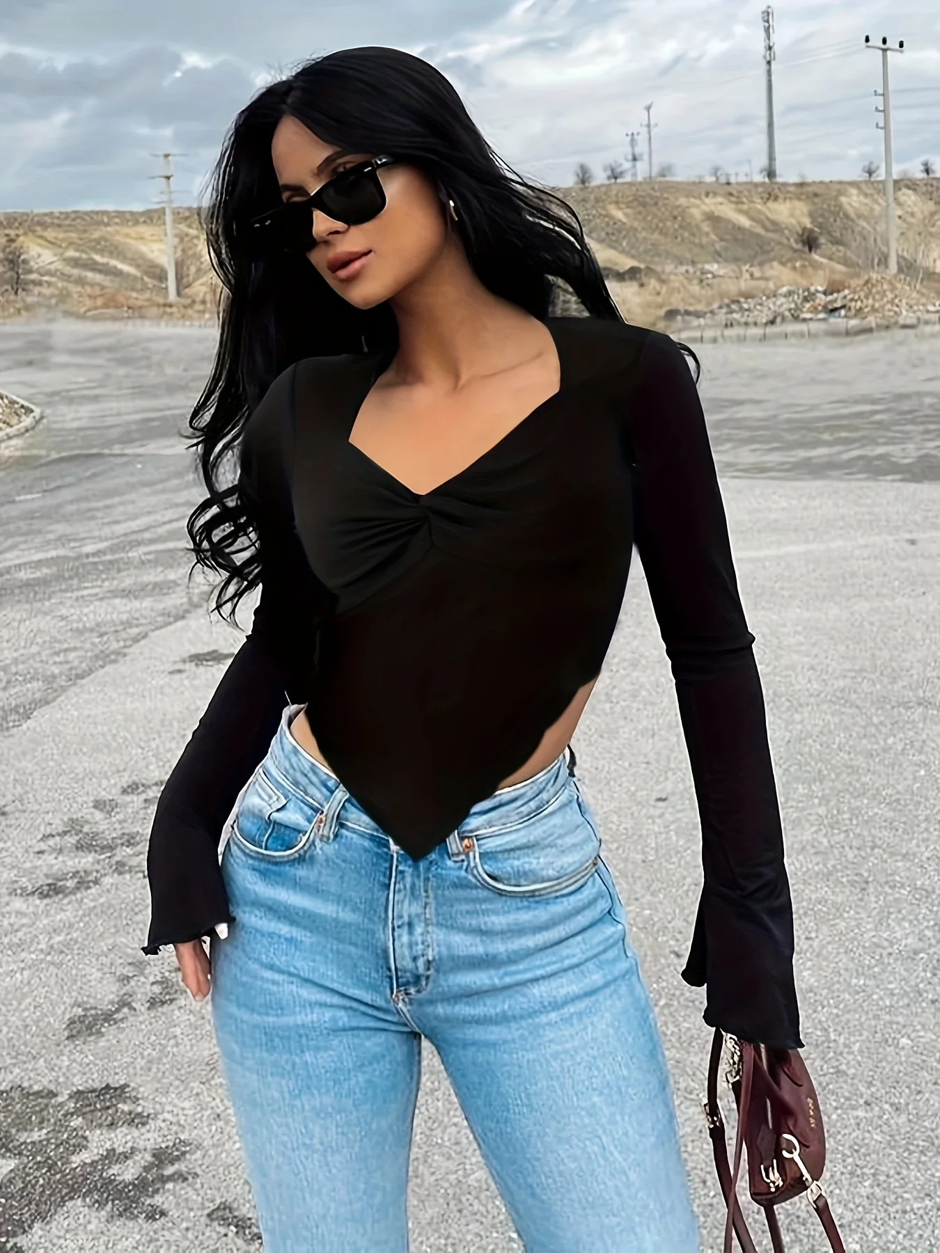 deanwangkt-1  Hanky Hem Twist Front Top, Elegant Flare Sleeve T-Shirt For Spring & Fall, Women's Clothing - Deanwangkt