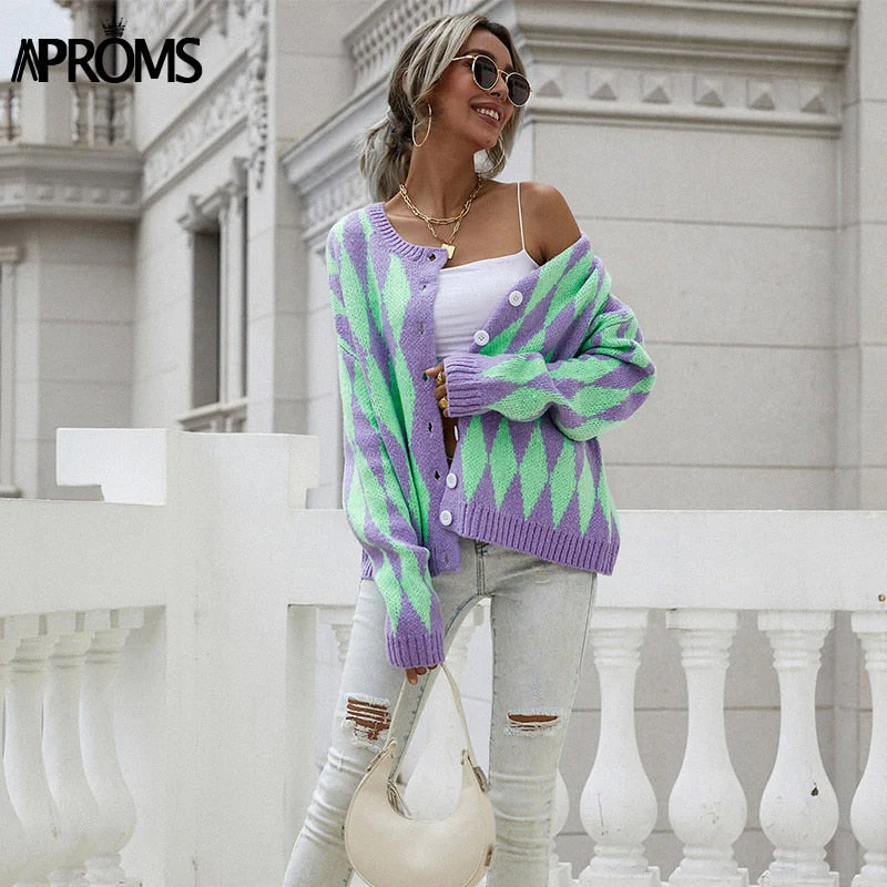 Christmas Gift Aproms Vintage Green Purple Plaid Knitted Cardigan Women Winter Oversized Soft Sweater Female High Fashion Outerwear Deanwangkt - Deanwangkt
