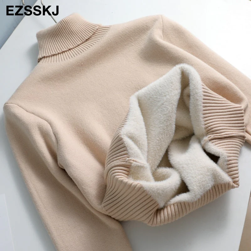 Christmas Gift Deanwangkt Autumn winter cashmere basic warm Sweater velvet Pullovers Women female fur thick Turtleneck sweater knit Jumpers top - Deanwangkt
