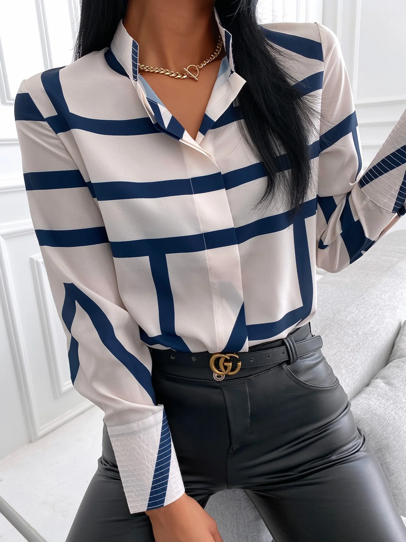 Women's Blouse Allover Striped Print Long Sleeve Botton Blouse - Deanwangkt