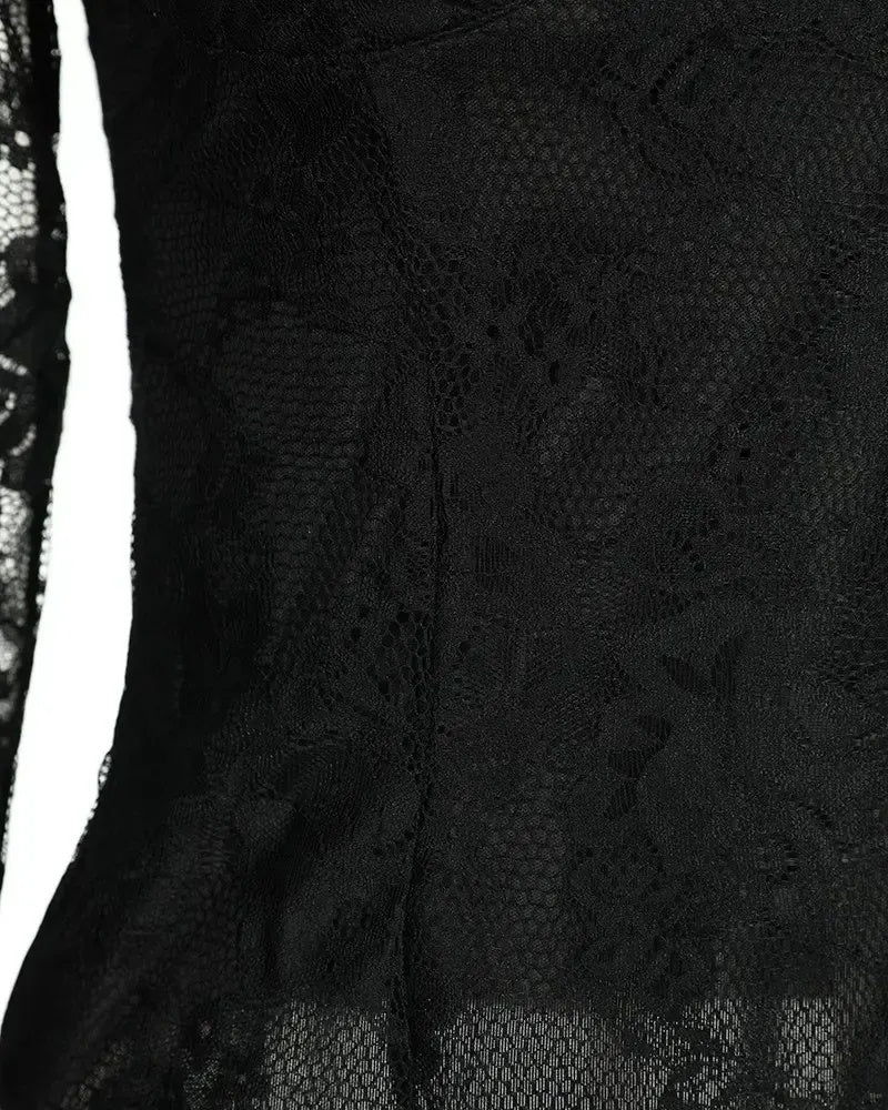 Deanwangkt - Crochet Lace Scallop Trim Long Sleeve Bodycon Top - Deanwangkt