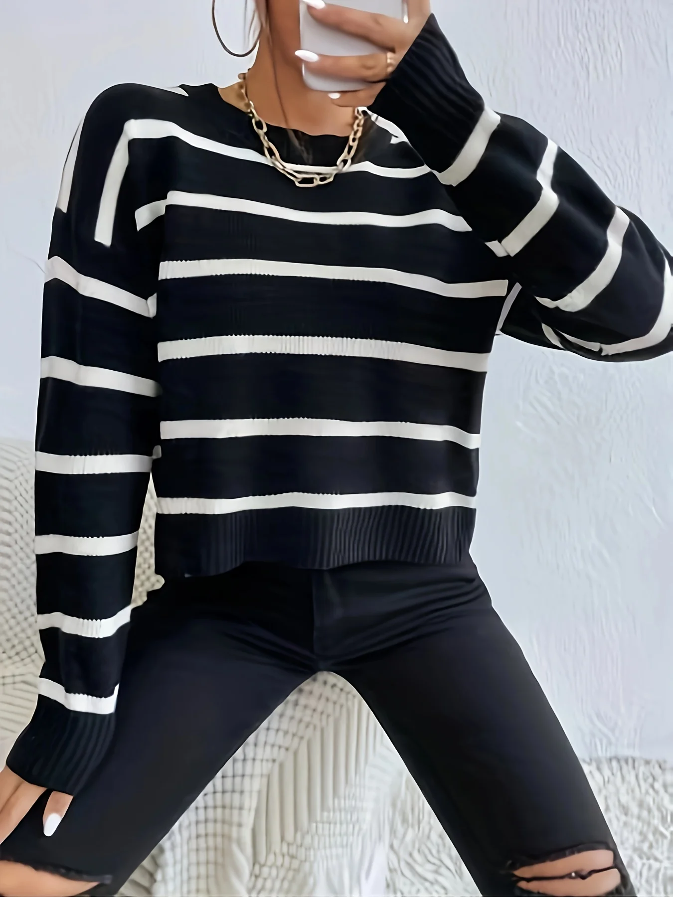 deanwangkt-1  Striped Crew Neck Pullover Sweater, Casual Long Sleeve Drop Shoulder Sweater, Women's Clothing - Deanwangkt