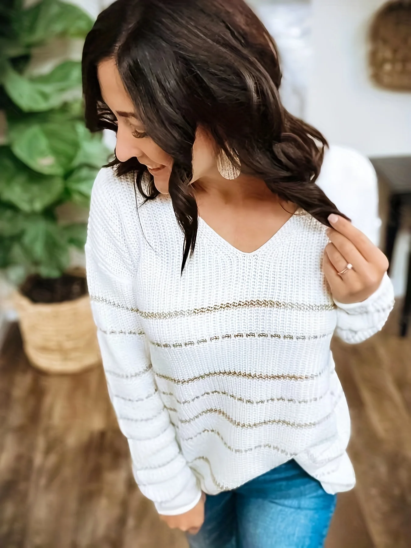 deanwangkt-1  Striped Print Knit Sweater, Casual V Neck Long Sleeve Sweater, Women's Clothing - Deanwangkt