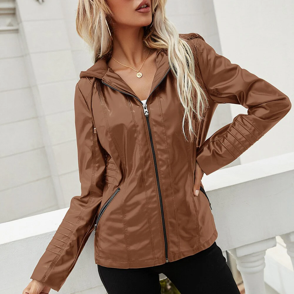 Black Friday Sales Spring Autumn Women Hooded Faux Soft Pu Leather Jacket Streetwear Female Moto Biker Zipper Coat Lady Windproof Outwear - Deanwangkt