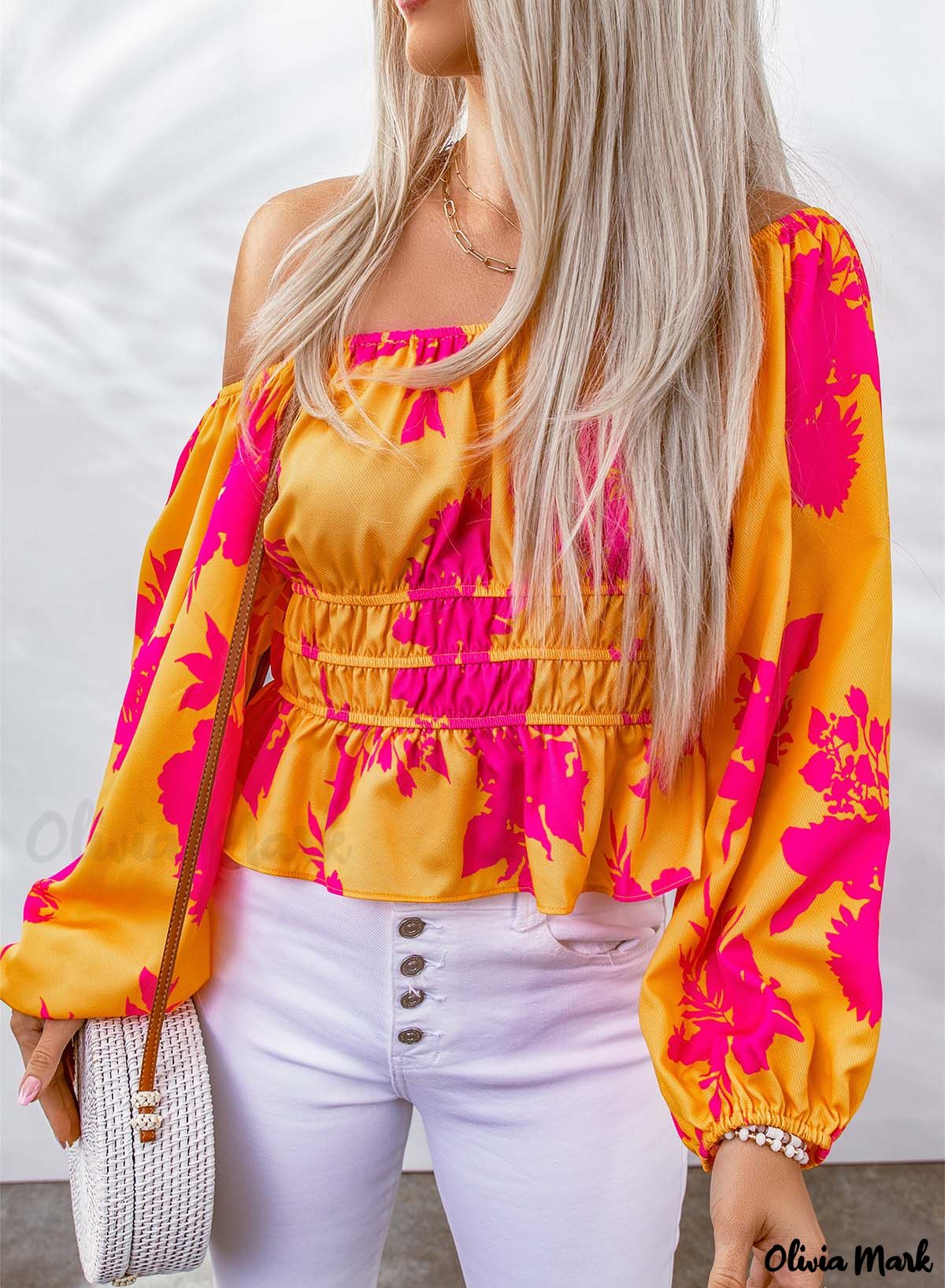 Deanwangkt - Yellow Floral Print Off Shoulder Puff Sleeve Blouse - Deanwangkt