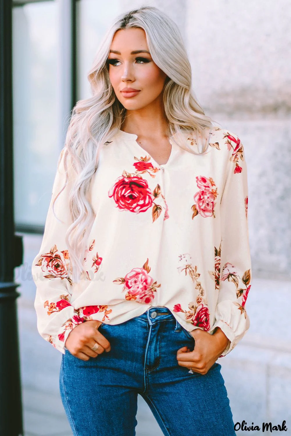 Deanwangkt - Beige Floral Print V-Neck Button Down Blouse - Deanwangkt