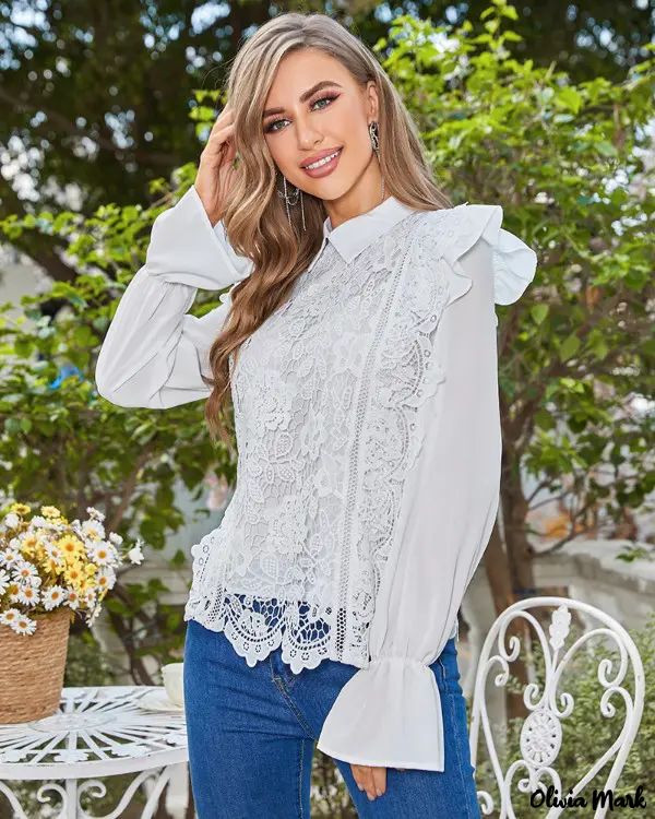 Deanwangkt - Womens Long Sleeve Lace Blouse with Ruffled Hem - Deanwangkt