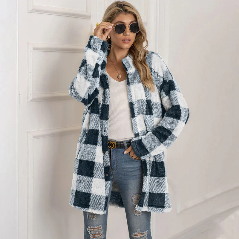Christmas Gift Autumn Long Faux Fur Coat Women Plaid Jacket Winter Coat Women Long Sleeve Fluffy Teddy Jacket Ladies Warm Plush Jacket Female - Deanwangkt