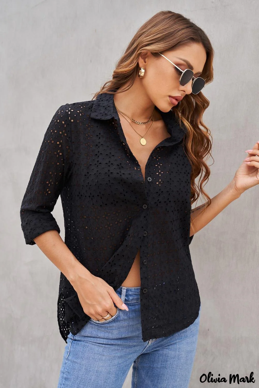 Deanwangkt - Black Hollow Out Floral Eyelet Long Sleeve Shirt - Deanwangkt