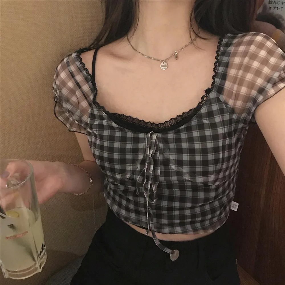 Christmas Gift Deanwangkt Summer New Plaid Tshirts Women Retro Square Collar Shirt Casual Lace Tees Puff Sleeve Crop Tops Female Korean Fashion - Deanwangkt