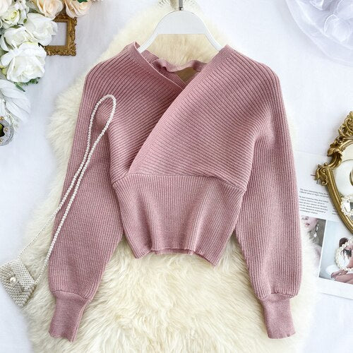 Christmas Gift 220 New Sexy V-neck Fashion Bright Silk Sweater Women's Autumn Bat Sleeves Short Waist Bottoming Shirt Winter Clothes Women - Deanwangkt