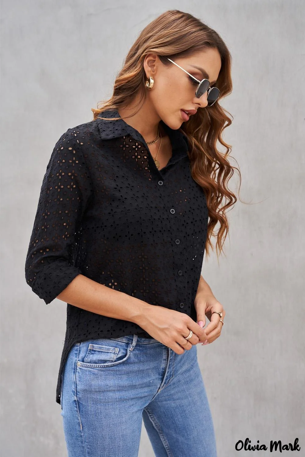 Deanwangkt - Black Hollow Out Floral Eyelet Long Sleeve Shirt - Deanwangkt