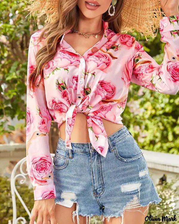 Deanwangkt - Womens Floral Print Long Sleeve Button-Down Blouse - Deanwangkt