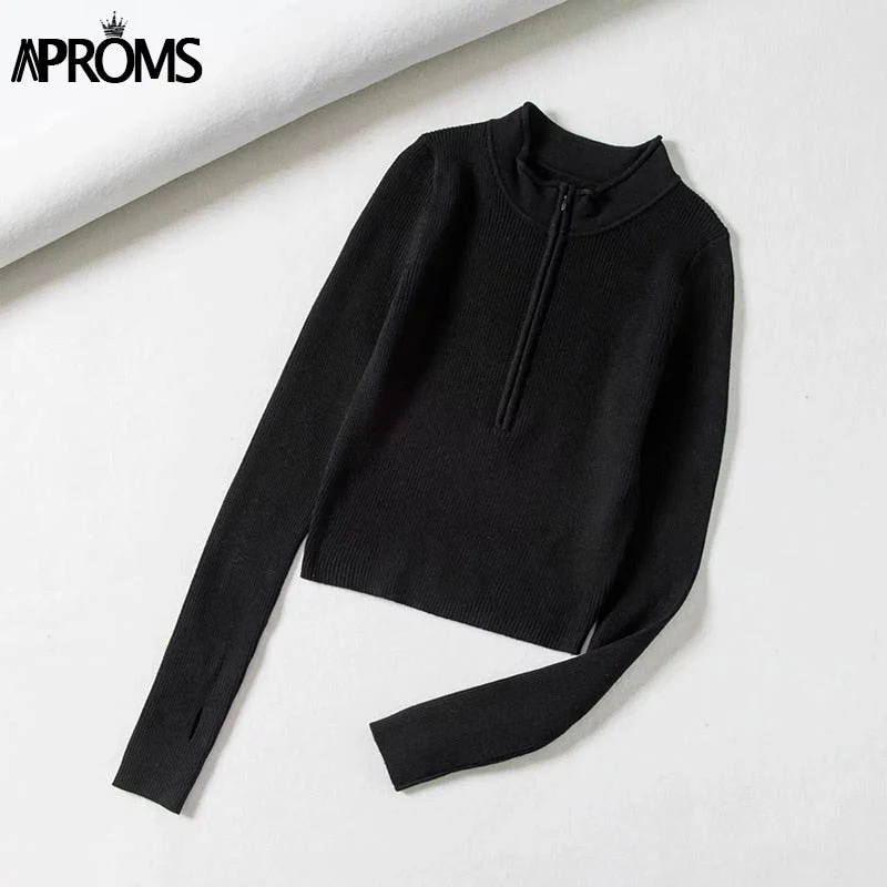 Christmas Gift Aproms Elegant High Neck Zipper Front Knitted Sweater Women Solid Basic Cropped Pullover Winter Spring Fashion Clothing Top Deanwangkt - Deanwangkt