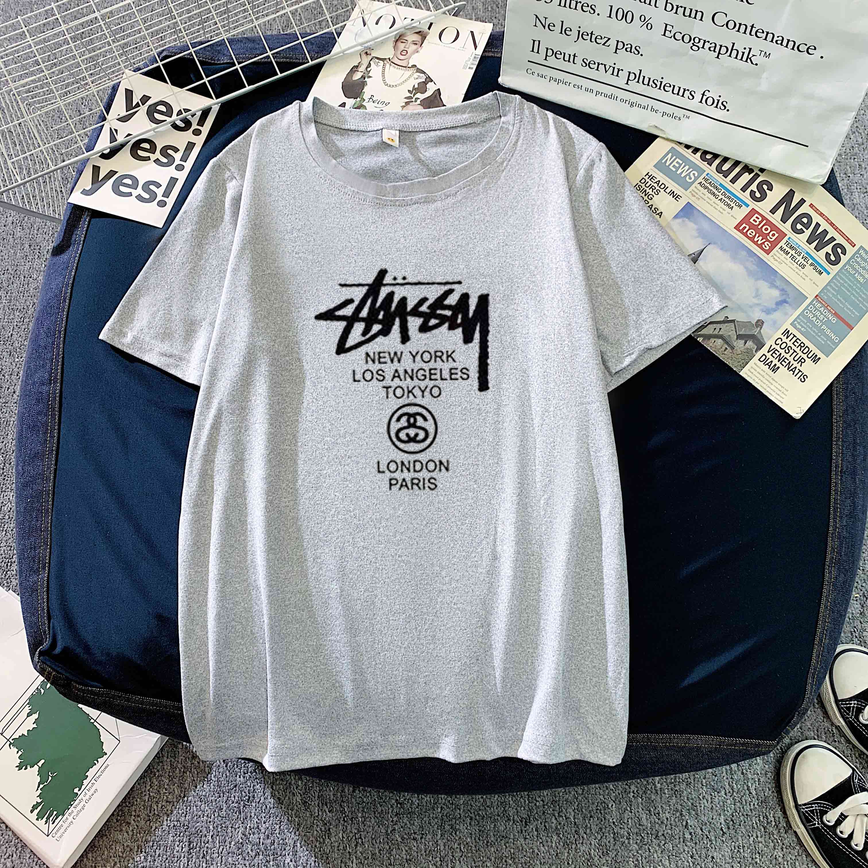 Christmas Gift Deanwangkt Couple Outfit Printing Collarless Youth Leisure Grey Straight Tube Summer Ordinary Short Sleeve Cotton Men's Women Wear New - Deanwangkt