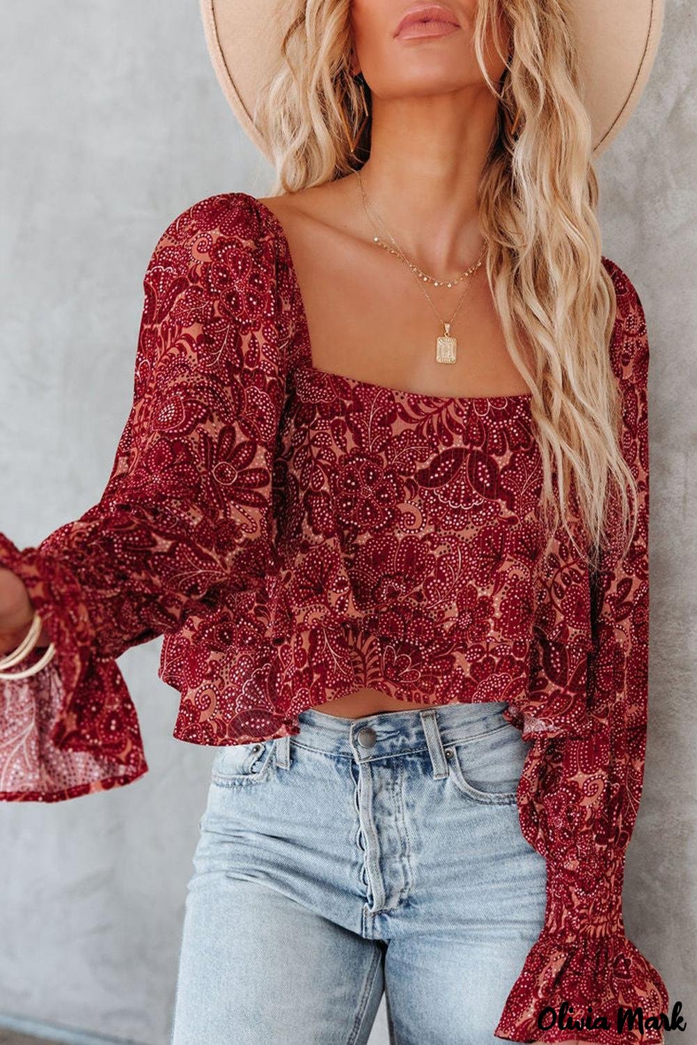 Deanwangkt - Square Neck Floral Cropped Blouse - Deanwangkt