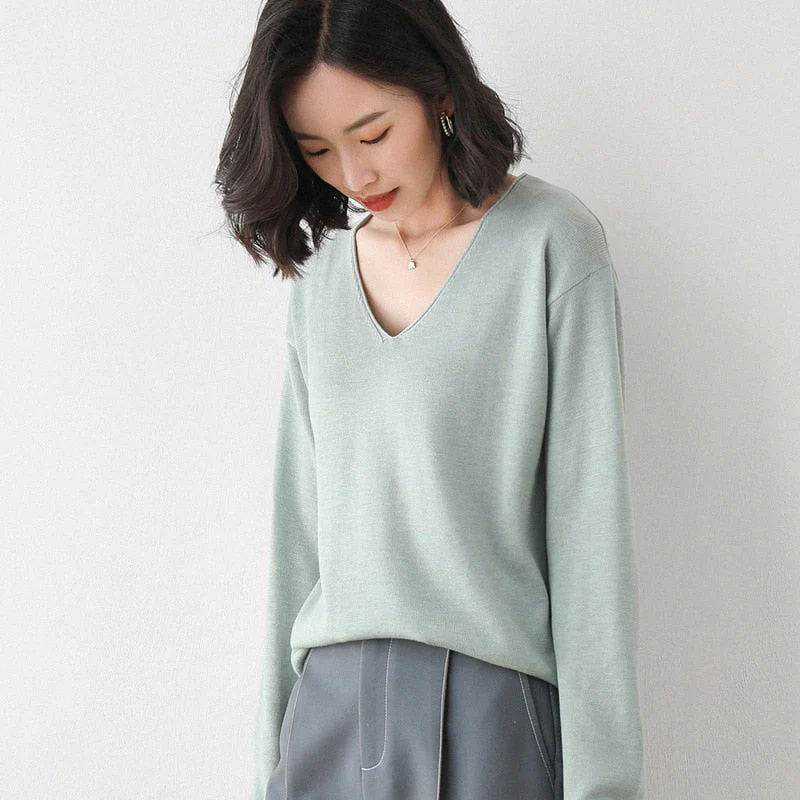 Christmas Gift Deanwangkt Autumn Winter Thin Sweater Women Knitted Sweater Fashion Crew-V-neck  Ladies Winter Sweater Korean College Style - Deanwangkt