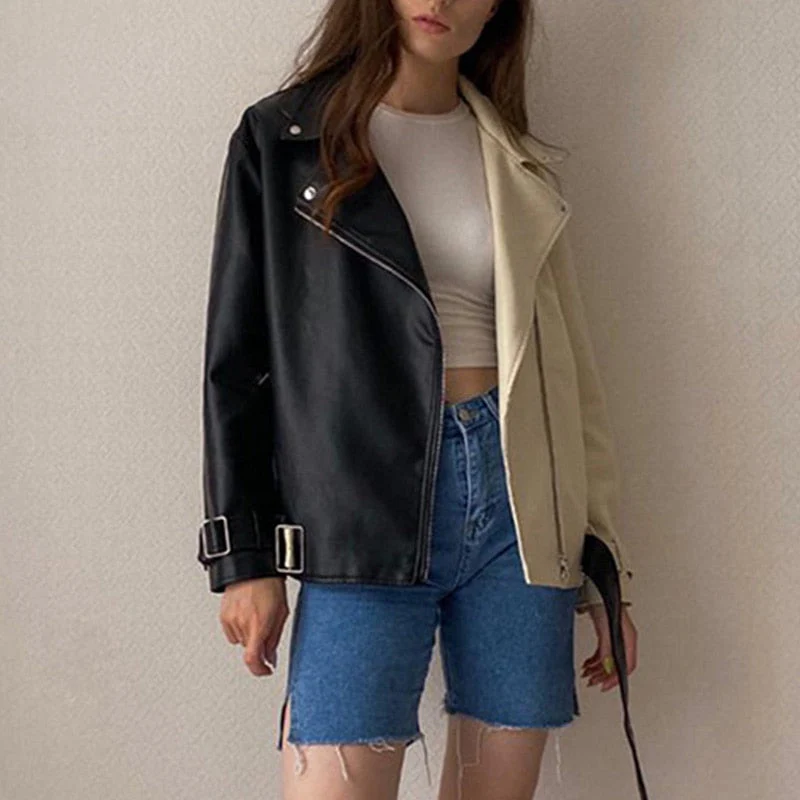 Black Friday Sales New Autumn Women Lapel Black Beige Splicing Pu Leather Jacket With Belt Moto Bike Soft Faux Leather Coat Loose Outwear - Deanwangkt